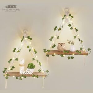 Mkono Artificial Ivy Macrame Hanging Shelves with Lights